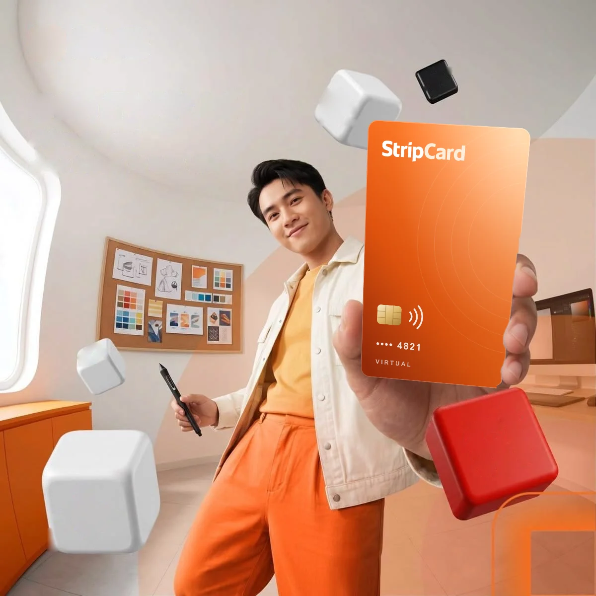 A smiling man holding up an orange StripCard virtual card
