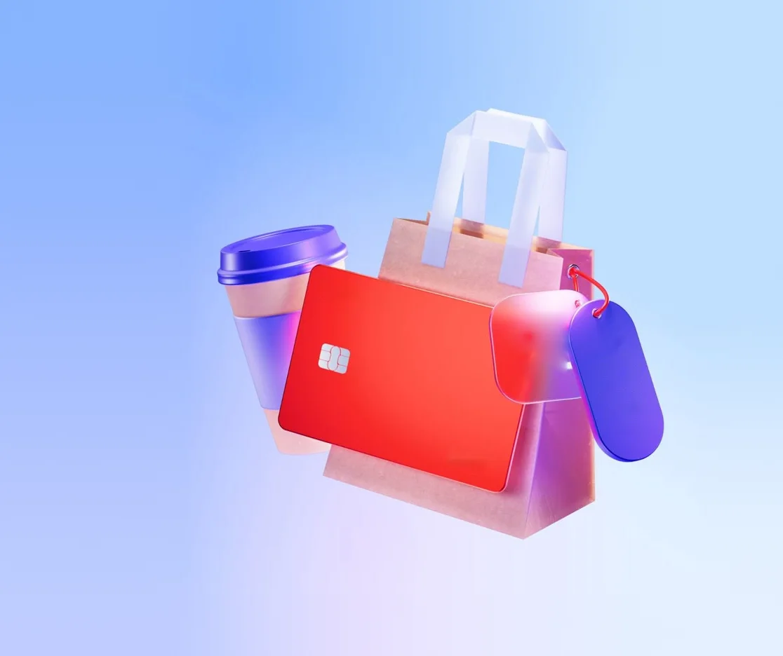A shopping bag, a coffee and a red payment card