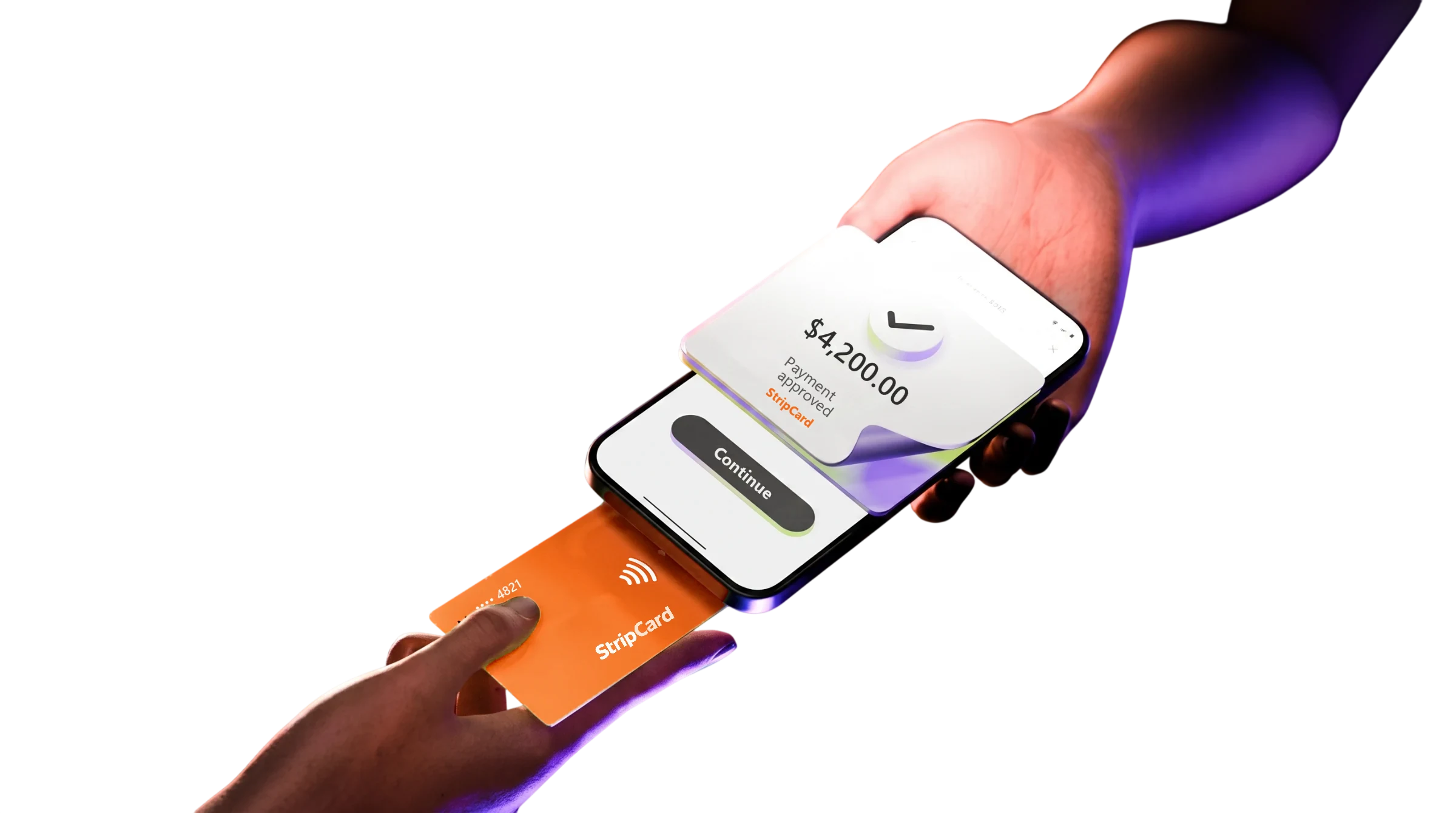 An orange StripCard tapped against a phone, approving a $4,200.00 payment